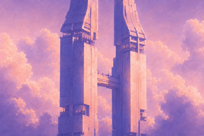 A towering futuristic structure rises majestically amid pink and purple clouds, evoking a sci-fi gateway — fitting imagery for a crypto project. The caption ties directly to the post: "A massive futuristic monument pierces through a dreamy pastel sky, symbolizing the rise of @standard_rsv as its first NFT unlocks 1000 bank branch license NFTs capable of generating $STANDART revenue."