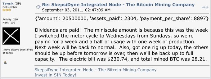 A forum post from user Tawsix dated September 03, 2011 discusses dividends for SkepsiDyne Integrated Node - The Bitcoin Mining Company, showing payment details: amount 20500000, payment_per_share 8897, with electric bill of $230.74 and 28.21 BTC mined.