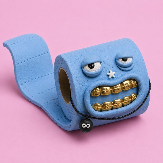 A blue clay-like monster face with gold teeth, matching the figurines in image 1, designed as a toilet paper holder on a pink background.