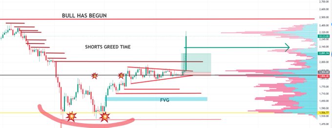 A financial chart displays 'BULL HAS BEGUN', 'SHORTS GREED TIME', and 'FVG' with an arrow pointing to the right across candlesticks.
