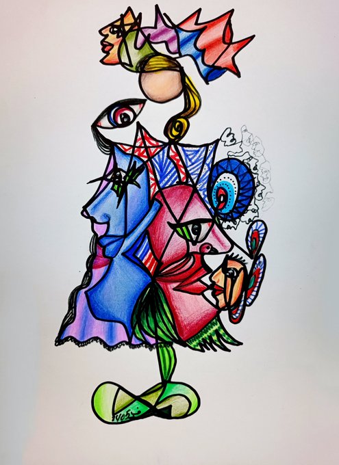 An abstract cubist-style drawing of a figure with a fish-like creature above its head, featuring vibrant colors including blue, pink, red, and green, with multiple eyes and geometric shapes.