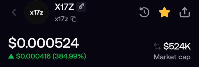 A cryptocurrency tracker showing the token 'X17Z' (x17z) priced at $0.000524, up $0.000416 (384.99%) with a market cap of $524K.