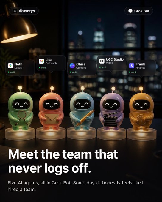 An AI-generated social media post from @0xbrys showing five colorful, glowing robot figurines labeled with names like 'Nath Leads' and 'Lisa Outreach,' captioned 'Meet the team that never logs off.'
