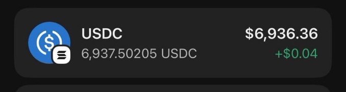 The image displays a crypto portfolio entry showing a USDC holding of 6,937.50205 USDC valued at $6,936.36, with a small gain of +$0.04 indicated in green. This appears to be a wallet or exchange balance screenshot, seemingly unrelated to the $SOL giveaway promotion mentioned in the accompanying post.