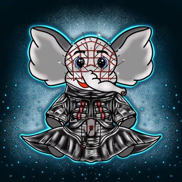 A cartoon mascot character with red spiderweb patterns on its face, wearing a shiny black outfit, with large gray ears and a blue glowing outline on a dark background.