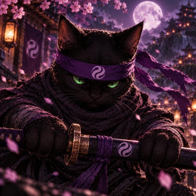 An AI-generated illustration of a black cat dressed as a ninja with a purple headband and sword, set against a backdrop of cherry blossoms, a full moon, and a traditional Japanese castle.