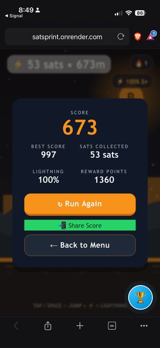 The image shows a game results screen on satsprint.onrender.com displaying a score of 673 (with a best score of 997), 53 sats collected, 100% lightning accuracy, and 1360 reward points, with options to "Run Again," "Share Score," or go back to menu. This relates to the post by showing the user's actual score of 673 sats in what appears to be a Bitcoin-themed game, explaining why they feel frustrated—they performed perfectly on the lightning questions (100%) but still scored relatively low overall.