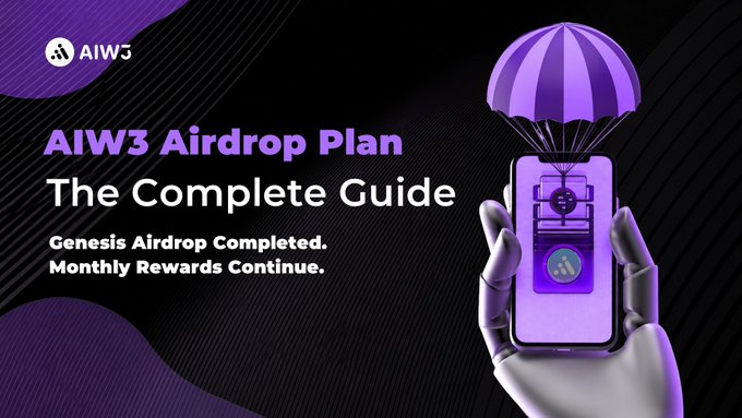 A promotional graphic titled 'AIW3 Airdrop Plan: The Complete Guide', featuring a robotic hand holding a smartphone attached to a purple parachute, with text stating 'Genesis Airdrop Completed. Monthly Rewards Continue.'