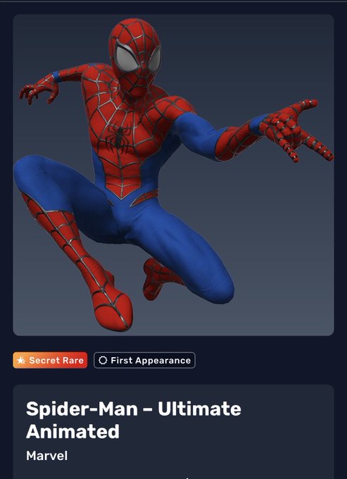 A VeVe digital collectible card featuring Spider-Man in his classic red and blue suit, labeled 'Spider-Man – Ultimate Animated' from Marvel, tagged 'Secret Rare' and 'First Appearance'.