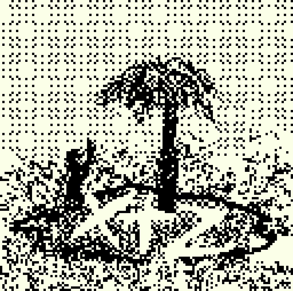 The image features a black and white picture of an island with palm trees, including one large tree that stands out from the rest. The island appears to be made up of small squares or dots, giving it a pixelated appearance. The photo is titled "Dithering island 6/6 3 #XTZ #proofofpalm2026" in the caption box at the bottom right corner.