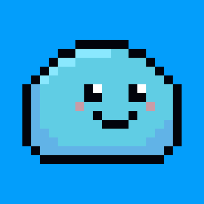 A pixel art illustration of a cute, smiling light blue blob-like character with black eyes and pink cheeks against a blue backdrop.