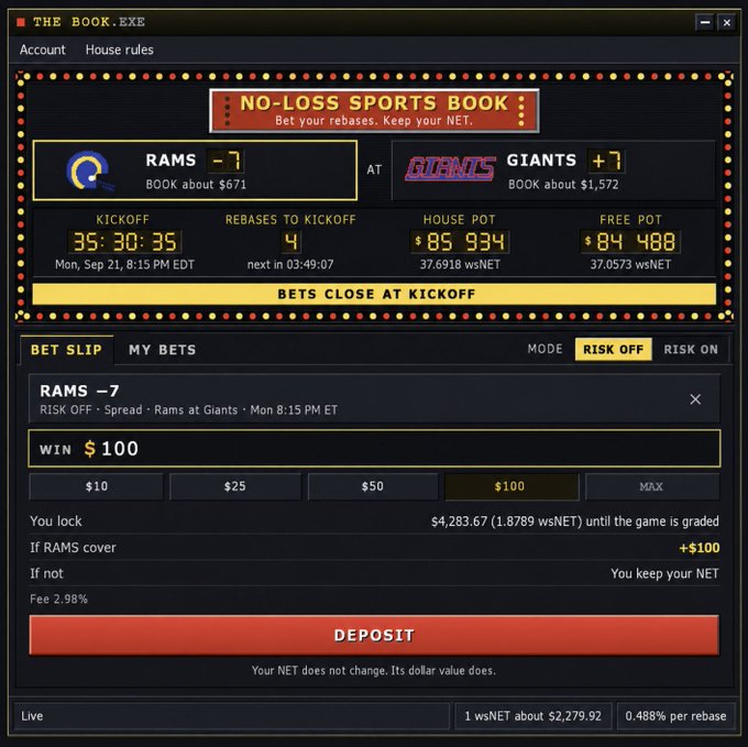 A screenshot of "THE BOOK.EXE," a no-loss sportsbook dApp where users can bet on NFL matchups like the Rams vs. Giants using $NET tokens, with $85,934 in the house pot and $4,283.67 locked at 1.8789 wsNET. The interface supports various bet sizes and displays the underlying utility of the $NET token through real-world wagering functionality, illustrating the post's point about its practical use case.