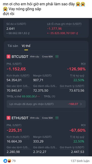 A Vietnamese-language Binance futures trading screenshot shows significant losses on BTCUSDT (-126.98% ROI) and ETHUSDT (-67.60% ROI) positions, with a caption expressing shock and distress about the impending account liquidation.
