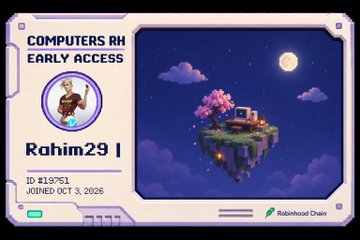 A digital 'COMPUTERS RH EARLY ACCESS' card displays the username 'Rohim29', ID #18761, joined October 3, 2026, with a pixel-art floating island against a starry sky, branded with the Robinhood Chain logo.