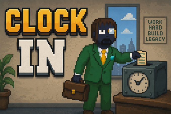 Pixel art titled 'CLOCK IN' depicts a dark-skinned character in a green business suit, yellow tie, and goggles, holding a briefcase while punching in at a time clock, with a framed poster reading 'WORK HARD BUILD LEGACY' on the wall.