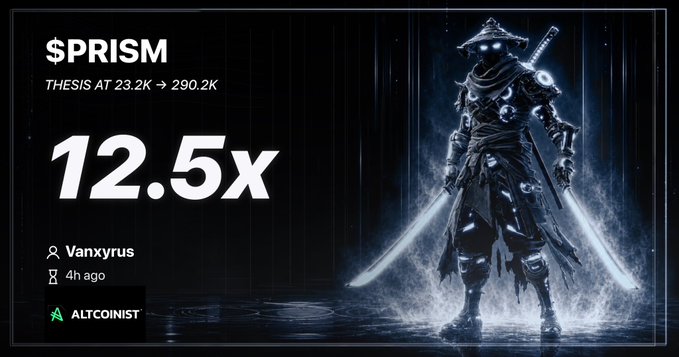 An advertisement showing a samurai figure with the text '$PRISM', 'THESIS AT 23.2K → 290.2K', '12.5x', posted by Vanxyrus 4h ago from ALTCOINIST.