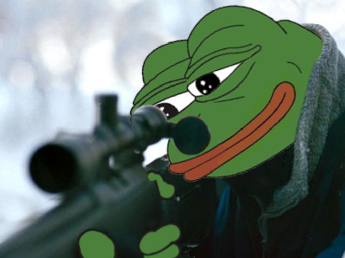 The face of the Pepe the Frog meme is superimposed onto a person aiming a sniper rifle with a scope, wearing a hooded jacket against a blurred outdoor background.