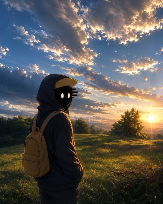 A figure in a dark hooded jacket with a backpack stands in a grassy field, gazing at a dramatic sunset sky filled with clouds.