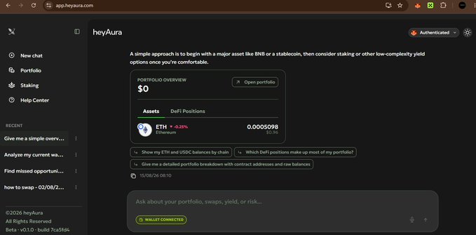 A heyAura web application (app.heyaura.com) interface showing a portfolio overview with $0 balance, an ETH position down 4.38% at 0.0005098, wallet connected status, and suggested chat options about DeFi positions and yield strategies.