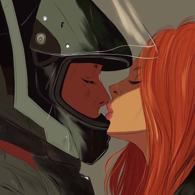 An intimate digital illustration depicting a kiss between a person wearing a green motorcycle helmet and a red-haired woman with their eyes closed.