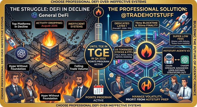A split infographic contrasts declining "General DeFi" (showing falling activity and broken platforms on the left) with the professional solution "@TRADEHOTSTUFF" (right), highlighting its Dedicated Layer 1 with 200K+ TPS, 75ms blocktime, 150ms finality, and a TGE until Q4 2026. The post aligns with this comparison by emphasizing HotStuff's superior performance metrics as an answer to DeFi's struggles.