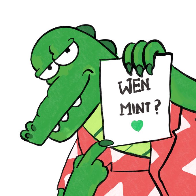 A cartoon illustration of a green crocodile character wearing a red patterned shirt holding a sign that reads 'WEN MINT?' with a small green heart.