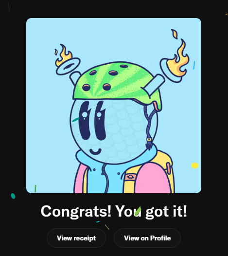 A cartoon "Quirkie" character wearing a watermelon helmet with flaming candles appears in a confirmation screen with the text "Congrats! You got it!" along with buttons for "View receipt" and "View on Profile." This celebrates the user's successful purchase of a Quirkie NFT, which they acquired to show appreciation for @RealPapii and his contributions to the community, as mentioned in the accompanying post.