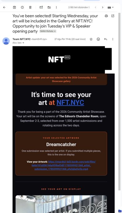 An email notification from NFT.NYC informing the recipient that their artwork titled 'Dreamcatcher' has been selected to be displayed on the screens of The Edison's Chandelier Room for the 2026 Community Artist Showcase gallery.