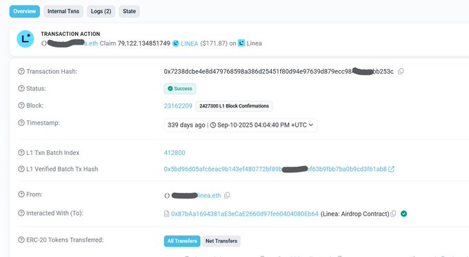 The image shows a Lineascan transaction page confirming a successful "eth Claim 79,122.134851749 $LINEA ($171.87)" transaction on September 10, 2025, with a transaction hash, L1 verified batch details, and the Linea: Airdrop Contract address — visually supporting the post's reflection on how a ~$2,530 LINEA airdrop claim has since declined to ~$170.