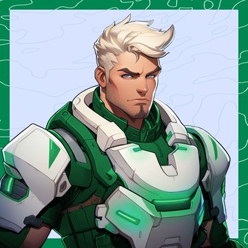 An anime-style illustration depicts a blonde-haired male character wearing futuristic green and white armor against a light blue background with a green border.