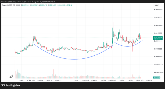 A TradingView chart displays the TAG/USDT pair on Mexc, currently priced at $0.001243 with a +9.14% gain, showing price action from early 2025 to late 2025 with a notable spike in May 2025, illustrating the volatile market performance of Tagger—the decentralized AI data platform described in the post.