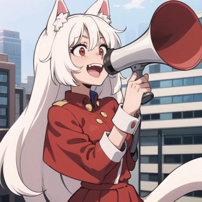 An anime-style illustration shows a white-haired character with cat ears wearing a red uniform, excitedly shouting into a megaphone with fang-like teeth visible.