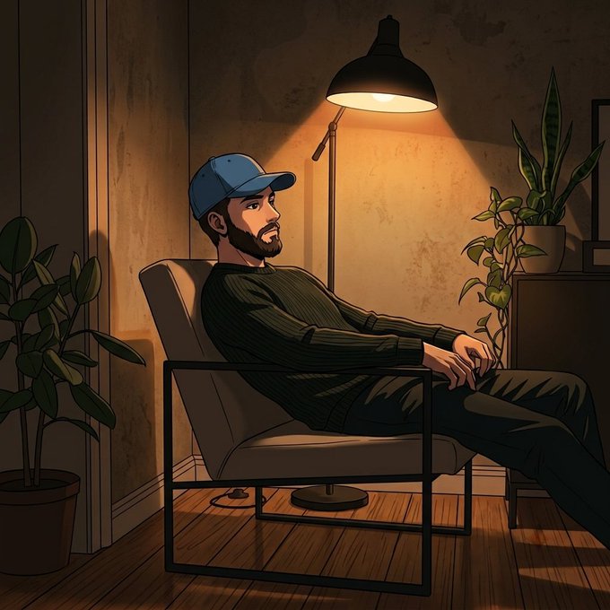 A digital illustration of a bearded man wearing a blue cap and green sweater, sitting relaxed in a chair in a warmly lit room with potted plants.