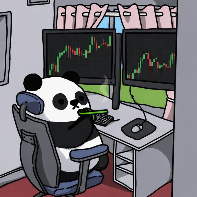 The image features a cartoon panda sitting at a desk, holding a green pencil and looking at two computer monitors displaying stock market graphs. The panda appears to be working or studying something related to the stock market. There are also other elements present in the scene, such as a chair next to the panda's desk and a window with curtains nearby.