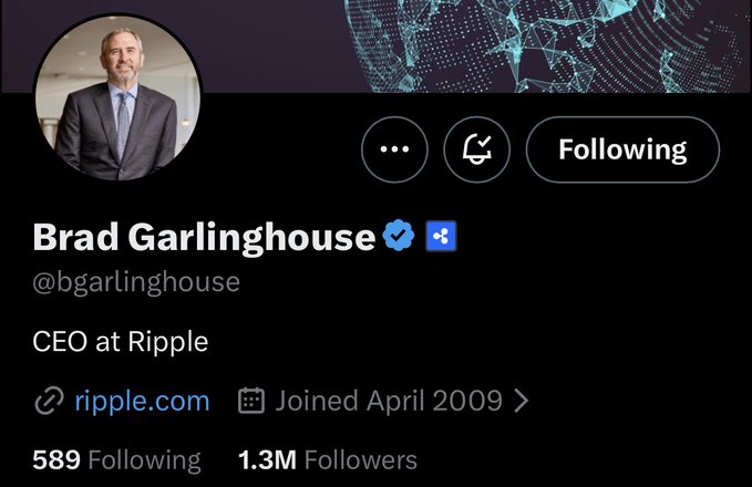 Brad Garlinghouse's (@bgarlinghouse) Twitter/X profile is shown, displaying his title as CEO at Ripple, a link to ripple.com, an April 2009 join date, and a follower count of 1.3M. Notably, his "Following" count sits at exactly 589, matching the post's reference to the "589 standard."