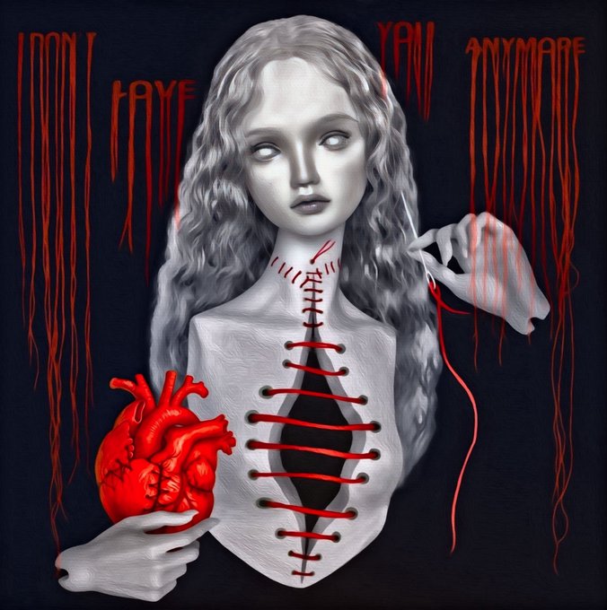 A dark, gothic illustration of a pale woman with stitched-up torso holding an anatomical heart, with the dripping red text "DON'T LOVE YOU ANYMORE" in the background.