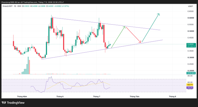 TradingView chart for GRASS/USDT on Phamdam1969, showing a 1-day timeframe with candlestick patterns, RSI indicator, and drawn trendlines with green and red arrows indicating a possible 'W' pattern breakout.