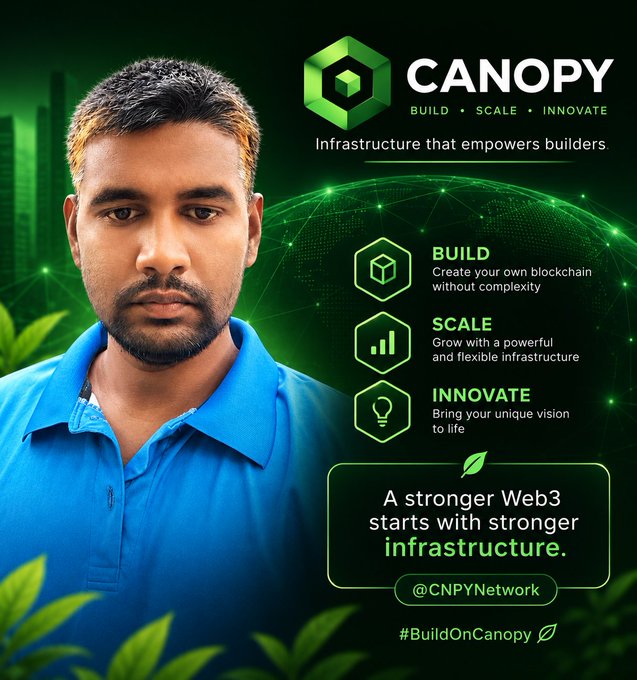 A promotional graphic for "Canopy" (@CNPYNetwork) featuring a man in a blue polo shirt, advertising Web3 infrastructure with the tagline "A stronger Web3 starts with stronger infrastructure" and #BuildOnCanopy.
