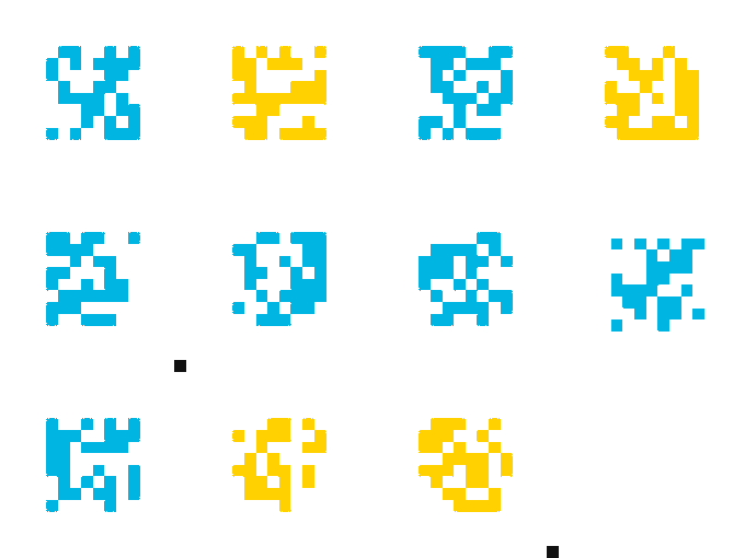 A grid of pixelated abstract symbols or characters in cyan/teal and yellow colors arranged in rows.