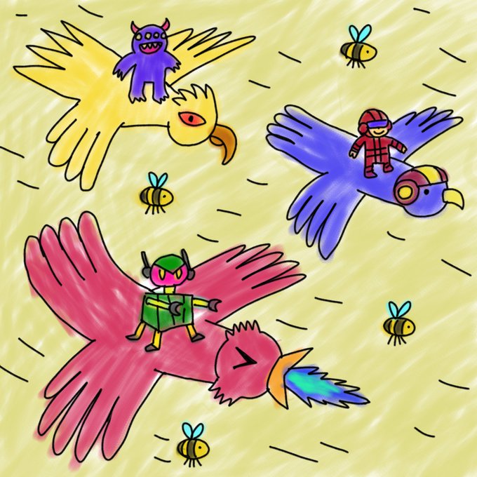 A vibrant cartoon illustration shows three colorful flying creatures—purple, blue, and pink—each carrying a character or treasure through a sky filled with buzzing bees, evoking a playful fantasy adventure. The whimsical artwork likely represents the "Kid" NFT collection on OpenSea, building hype for its upcoming reveal at 6 PM UTC.