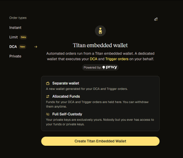 A screenshot of Titan's "Titan embedded wallet" creation page showing order types (Instant, Limit, DCA, Private) and wallet options, with the accompanying Turkish post explaining a new badge mission requiring $1,000+ volume using Titan's DCA feature.