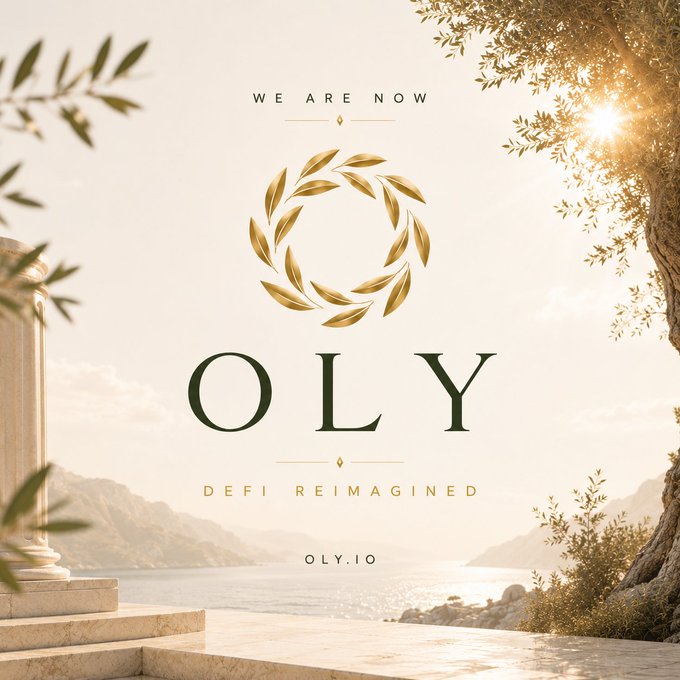 A promotional graphic for OLY featuring a golden laurel wreath logo above the text "WE ARE NOW," "OLY," "DEFI REIMAGINED," and "OLY.IO," set against a serene backdrop of a sunlit Mediterranean coastline with classical columns and olive trees. The imagery evokes themes of timelessness, prosperity, and stability—mirroring the post's message that OLY offers a sustainable, long-term alternative to the speculative pitfalls of traditional DeFi.