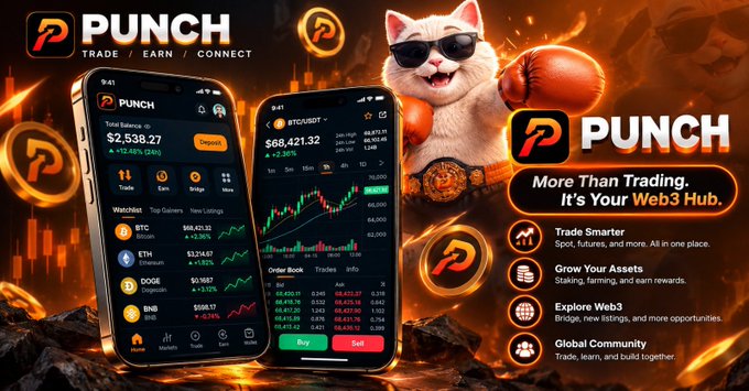 An advertisement for the 'PUNCH' cryptocurrency app, featuring a cat wearing sunglasses and boxing gloves alongside two mobile phones showing trading interfaces for BTC, ETH, DOGE, and BNB.