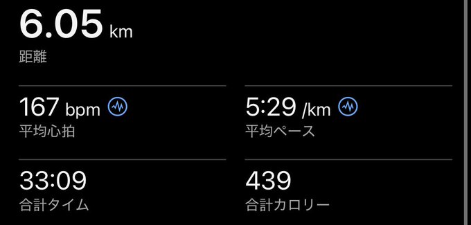A fitness tracking screenshot shows a running workout summary: 6.05 km distance, 167 bpm average heart rate, 5:29/km average pace, 33:09 total time, and 439 total calories burned, reflecting the post's casual "ぱーっと走ったよ" (just went for a quick run).