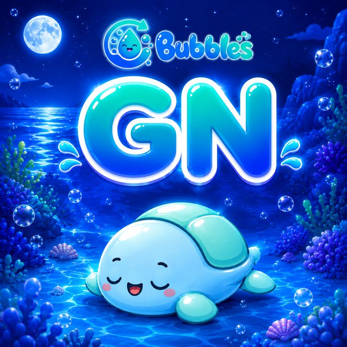 A colorful graphic featuring a cute cartoon turtle under the large text 'GN' with 'Bubbles' logo above, set against a nighttime ocean scene with a moon and coral reef.