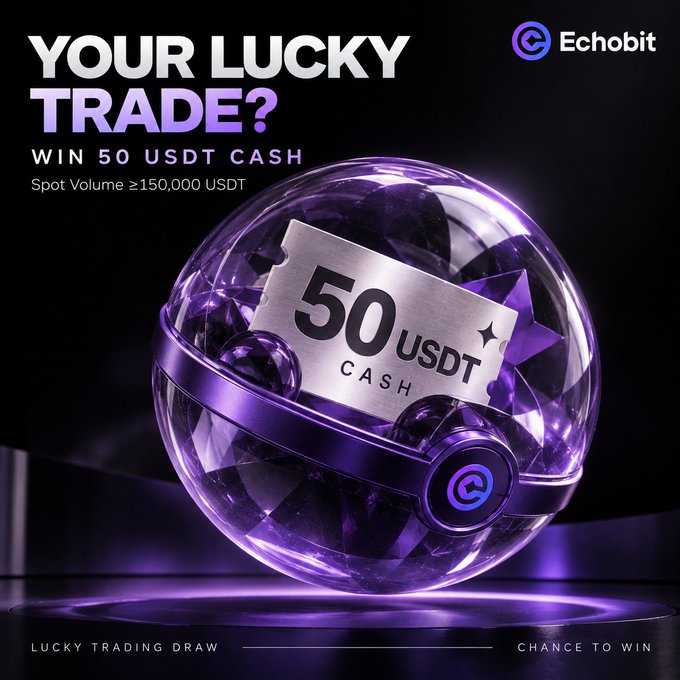 A dark purple Echobit advertisement reads “YOUR LUCKY TRADE? WIN 50 USDT CASH,” “Spot Volume ≥150,000 USDT,” and “LUCKY TRADING DRAW — CHANCE TO WIN,” beside a glowing capsule labeled “50 USDT CASH.”