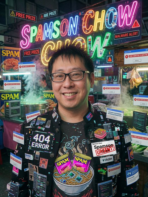 A smiling man with glasses standing in front of a vibrant neon 'SPAMSON CHOW CHOW' sign at what appears to be a food stall, with various SPAM product imagery, '404 ERROR', and 'Malware Alert' pop-up windows overlaid on the image.
