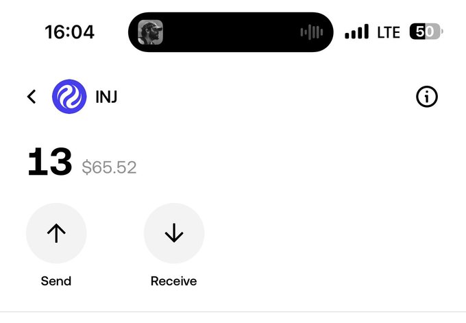 The image shows a mobile wallet screen displaying a balance of 13 INJ tokens valued at $65.52. This aligns with the post celebrating the receipt of an "Injective" stimulus payment, humorously called a "stimmy" for their INJ holdings.