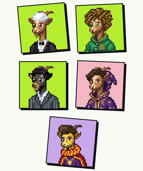 Five pixel art portraits of anthropomorphic goat-like characters in various outfits including a suit, hoodie, wizard robe, and royal robe against colorful backgrounds.