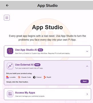 The image shows a screen with an App Studio app installed, providing users with options for creating various types of apps. The user interface features a variety of buttons and text boxes offering different functionalities, such as starting an app or using an existing AI application. It also displays a list of options available in the app's library to help users create their own products that can be utilized on Pi devices.